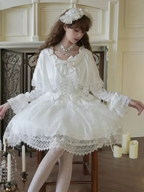 Sweet Lolita Dress White Polyester Long Sleeves Wedding Hime Lolita Dress