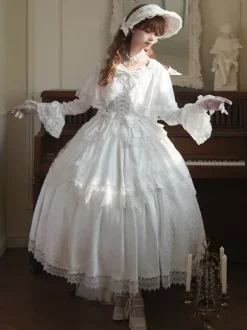 Sweet Lolita Dress White Polyester Long Sleeves Wedding Hime Lolita Dress