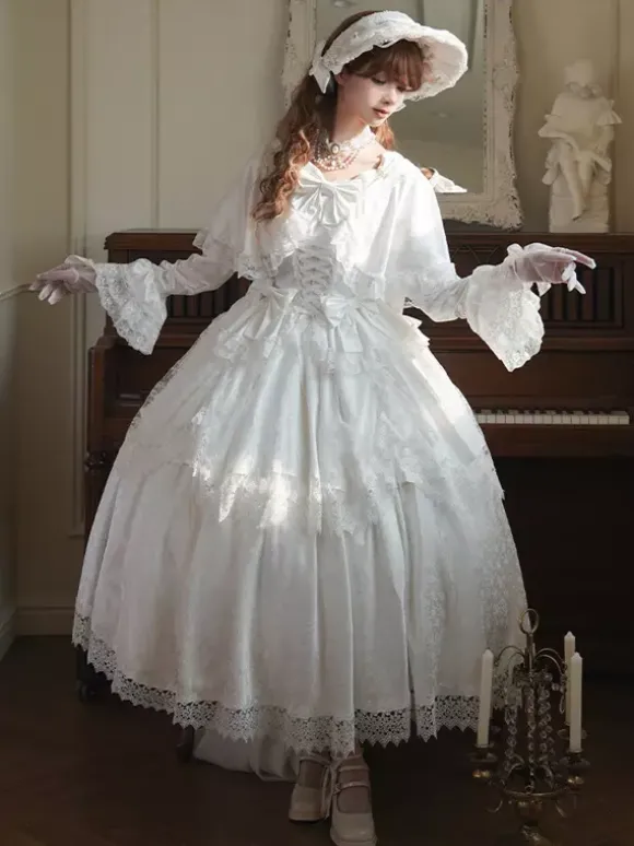 Sweet Lolita Dress White Polyester Long Sleeves Wedding Hime Lolita Dress