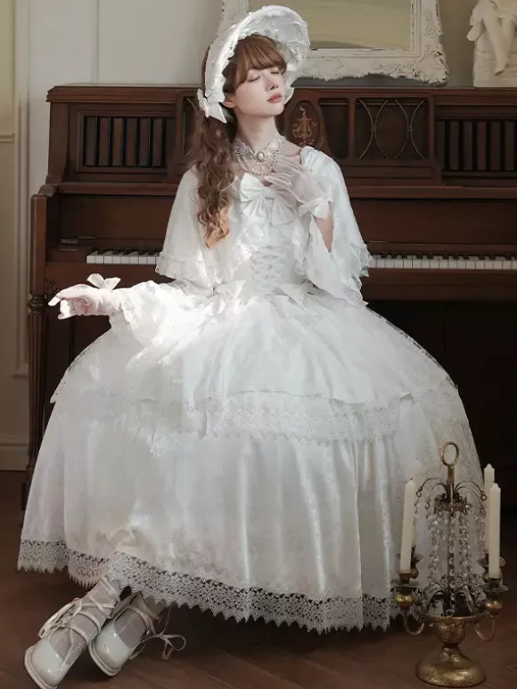 Sweet Lolita Dress White Polyester Long Sleeves Wedding Hime Lolita Dress