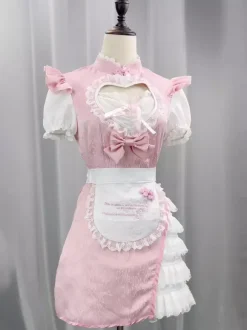 Sweet Lolita Dresses Jacquard Short Sleeves Lace Pink Lolita Dress