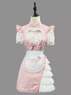 Sweet Lolita Dresses Jacquard Short Sleeves Lace Pink Lolita Dress