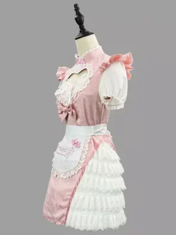 Sweet Lolita Dresses Jacquard Short Sleeves Lace Pink Lolita Dress