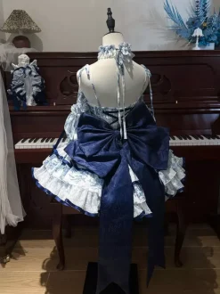 Sweet Lolita Dresses Light Sky Blue Lace Up Bows Short Sleeves Lolita Dress