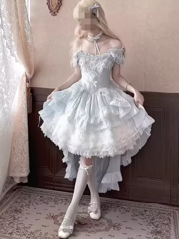Sweet Lolita Dresses Polyester Sleeveless Lace Up Multi Ruffles Champagne Lolita Dress