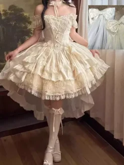 Sweet Lolita Dresses Polyester Sleeveless Lace Up Multi Ruffles Champagne Lolita Dress