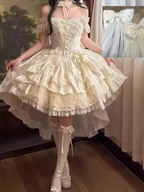 Sweet Lolita Dresses Polyester Sleeveless Lace Up Multi Ruffles Champagne Lolita Dress