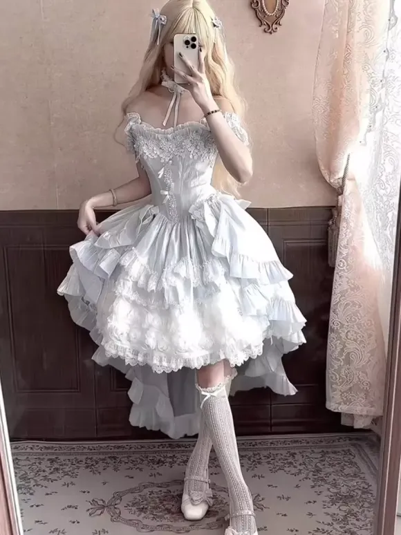 Sweet Lolita Dresses Polyester Sleeveless Lace Up Multi Ruffles Champagne Lolita Dress
