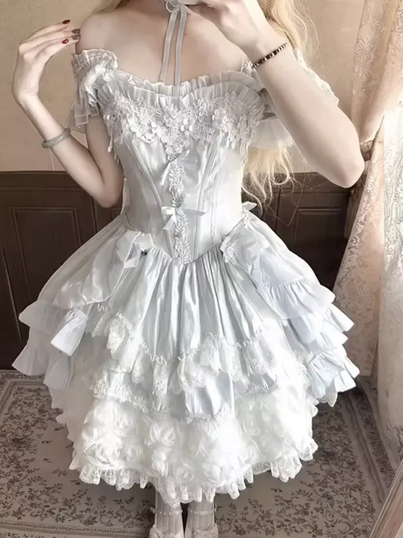 Sweet Lolita Dresses Polyester Sleeveless Lace Up Multi Ruffles Champagne Lolita Dress