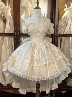 Sweet Lolita Dresses Polyester Sleeveless Lace Up Multi Ruffles Champagne Lolita Dress