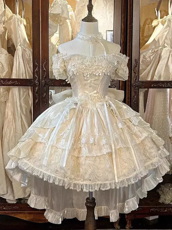 Sweet Lolita Dresses Polyester Sleeveless Lace Up Multi Ruffles Champagne Lolita Dress