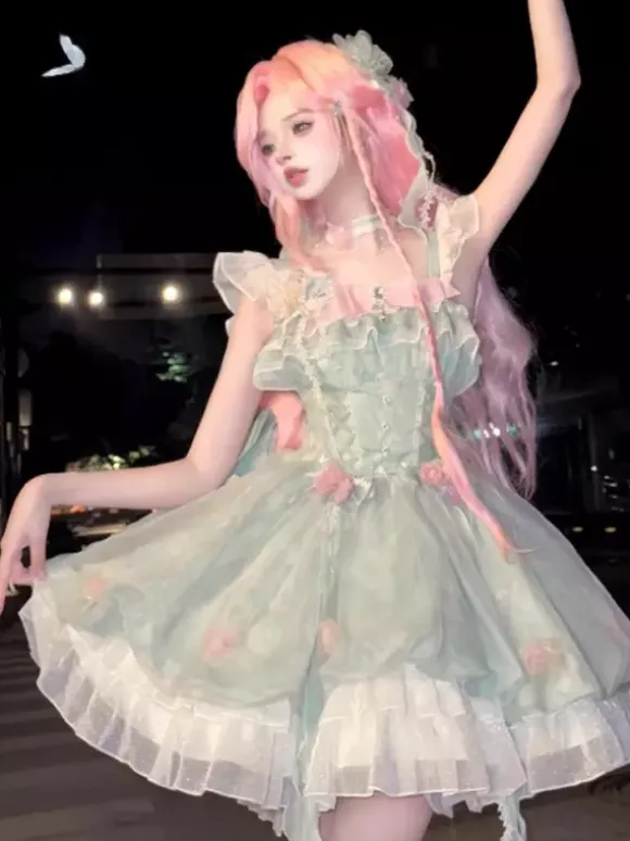 Sweet Lolita Dresses Sleeveless Flowers Choker Light Green Tea Party With Train Lolita Dress