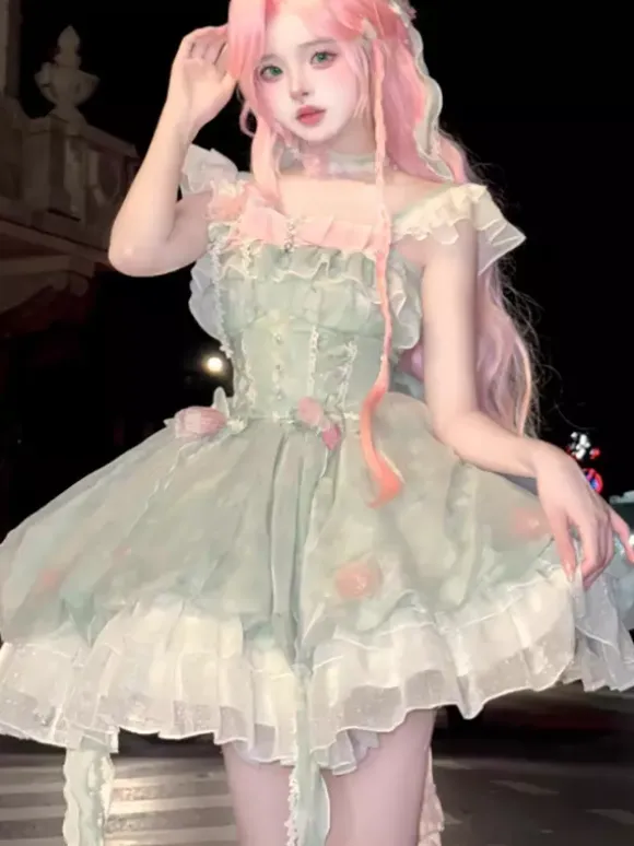 Sweet Lolita Dresses Sleeveless Flowers Choker Light Green Tea Party With Train Lolita Dress