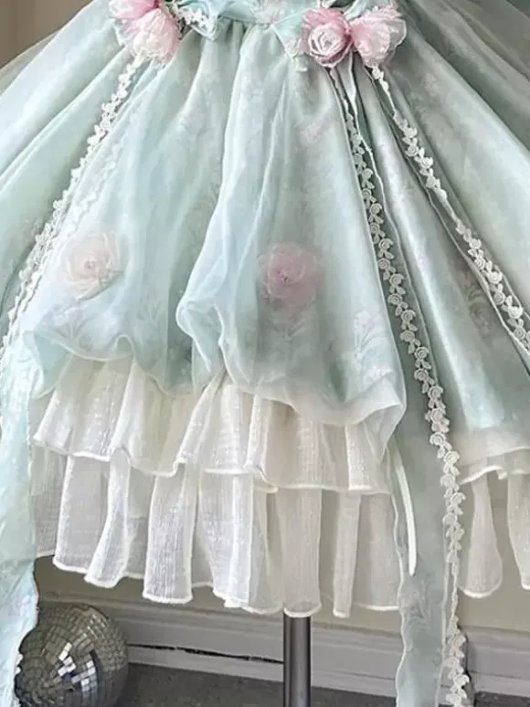 Sweet Lolita Dresses Sleeveless Flowers Choker Light Green Tea Party With Train Lolita Dress
