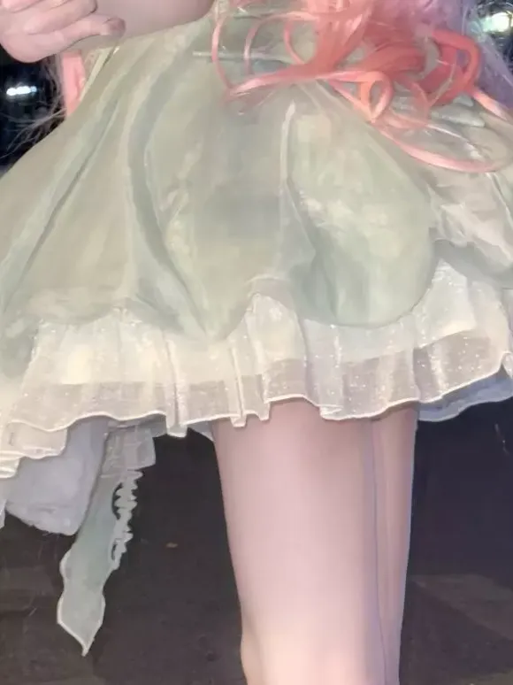 Sweet Lolita Dresses Sleeveless Flowers Choker Light Green Tea Party With Train Lolita Dress
