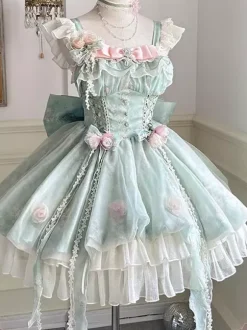 Sweet Lolita Dresses Sleeveless Flowers Choker Light Green Tea Party With Train Lolita Dress