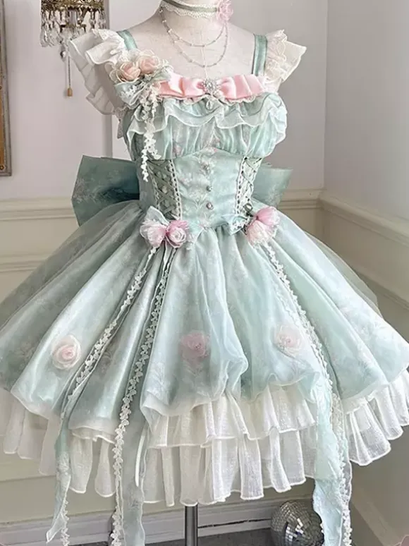 Sweet Lolita Dresses Sleeveless Flowers Choker Light Green Tea Party With Train Lolita Dress