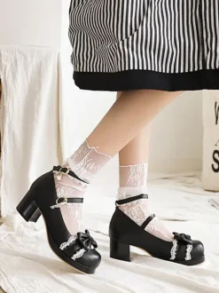 Sweet Lolita Footwear Black Bows Lace Round Toe Leather Lolita Pumps