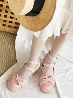 Sweet Lolita Footwear Black Bows Lace Round Toe Leather Lolita Pumps