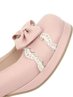 Sweet Lolita Footwear Black Bows Lace Round Toe Leather Lolita Pumps