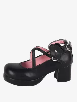 Sweet Lolita Footwear Black Bow Applique Round Toe PU Leather Lolita Shoes
