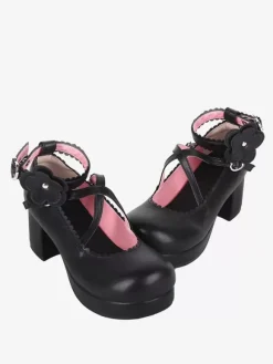 Sweet Lolita Footwear Black Bow Applique Round Toe PU Leather Lolita Shoes