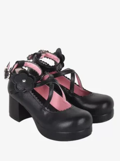 Sweet Lolita Footwear Black Bow Applique Round Toe PU Leather Lolita Shoes