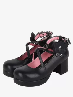 Sweet Lolita Footwear Black Bow Applique Round Toe PU Leather Lolita Shoes