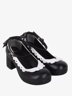 Sweet Lolita Footwear Black Bow Bows Round Toe PU Leather Lolita Shoes