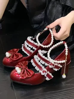 Sweet Lolita Footwear Black Chains Pearls Ruffles Pointed Toe PU Leather Lolita Shoes