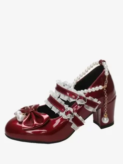 Sweet Lolita Footwear Black Chains Pearls Ruffles Pointed Toe PU Leather Lolita Shoes