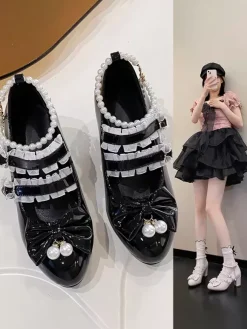 Sweet Lolita Footwear Black Chains Pearls Ruffles Pointed Toe PU Leather Lolita Shoes