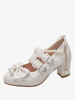 Sweet Lolita Footwear Black Chains Pearls Ruffles Pointed Toe PU Leather Lolita Shoes