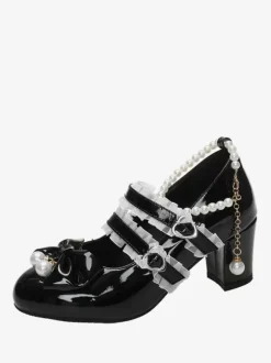 Sweet Lolita Footwear Black Chains Pearls Ruffles Pointed Toe PU Leather Lolita Shoes