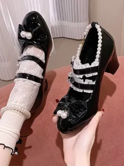 Sweet Lolita Footwear Black Chains Pearls Ruffles Pointed Toe PU Leather Lolita Shoes