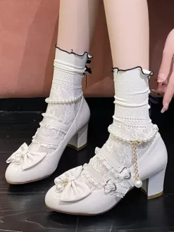 Sweet Lolita Footwear Black Chains Pearls Ruffles Pointed Toe PU Leather Lolita Shoes