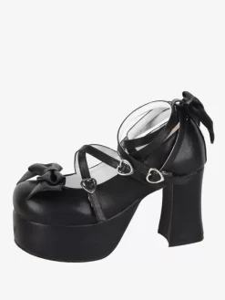 Sweet Lolita Footwear Black Bow Bows Round Toe PU Leather Lolita Shoes