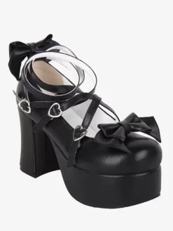 Sweet Lolita Footwear Black Bow Bows Round Toe PU Leather Lolita Shoes