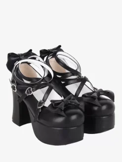 Sweet Lolita Footwear Black Bow Bows Round Toe PU Leather Lolita Shoes