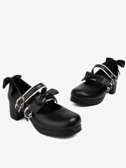 Sweet Lolita Footwear Black Bows PU Leather Chunky Heel Lolita Pumps