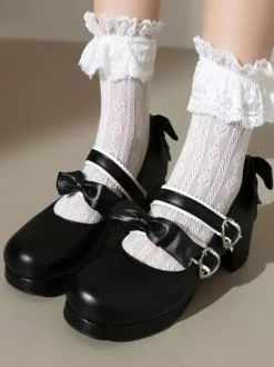 Sweet Lolita Footwear Black Bows PU Leather Chunky Heel Lolita Pumps