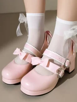 Sweet Lolita Footwear Black Bows PU Leather Chunky Heel Lolita Pumps