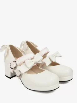 Sweet Lolita Footwear Black Bows PU Leather Chunky Heel Lolita Pumps