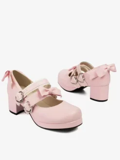Sweet Lolita Footwear Black Bows PU Leather Chunky Heel Lolita Pumps