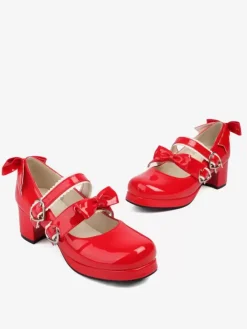 Sweet Lolita Footwear Black Bows PU Leather Chunky Heel Lolita Pumps