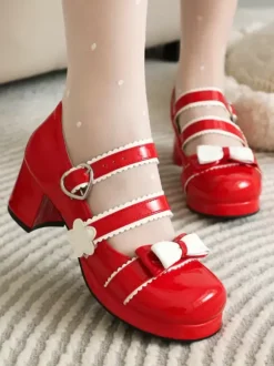 Sweet Lolita Footwear Black Bows PU Leather Chunky Heel Lolita Shoes