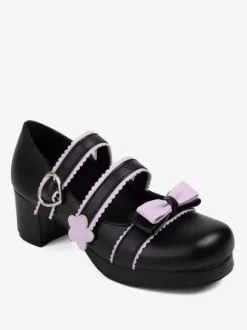 Sweet Lolita Footwear Black Bows PU Leather Chunky Heel Lolita Shoes
