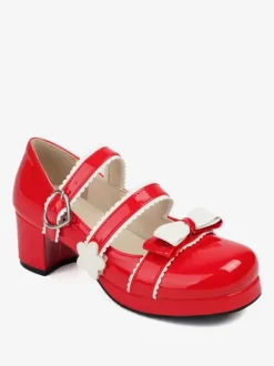 Sweet Lolita Footwear Black Bows PU Leather Chunky Heel Lolita Shoes