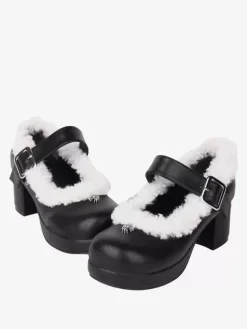 Sweet Lolita Footwear Black PU Leather Chunky Heel Lolita Shoes