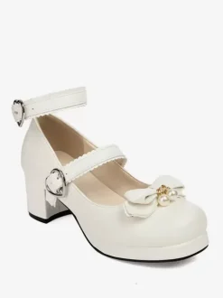 Sweet Lolita Footwear Black Bows Round Toe PU Leather Lolita Pumps